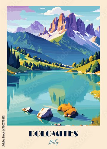 Dolomites, Italy Travel Destination Posters in retro style. Mountains and lake landscape. European summer vacation, holidays concept. Vintage vector colorful illustration.
