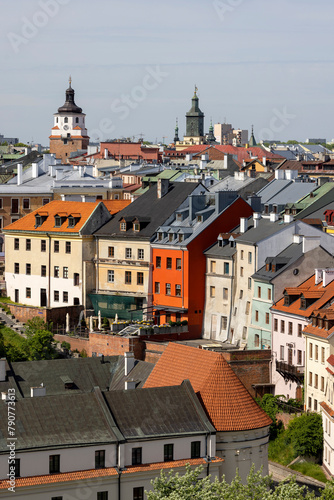 Aerial view of the decorative facades of tenement houses in the Old Town, Lublin, Poland
