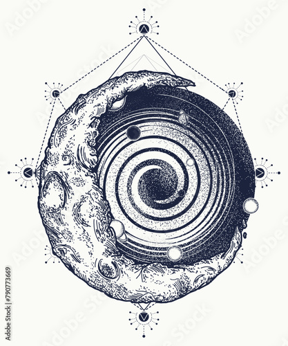 Moon and universe. Esoteric tattoo. Symbol of harmony, yoga, relaxation, soul and freedom. Sacred geometry art. T-shirt design © intueri
