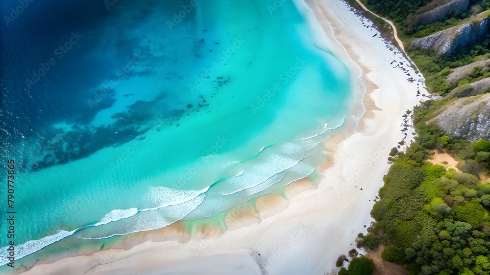 beautiful beach with white sand and turquois water on top view