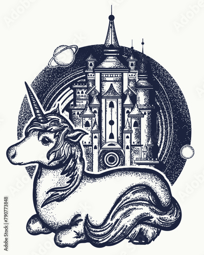 Universe, unicorn and medieval castle. Symbol of dream, magic. Fairy tale art. T-shirt design concept © intueri