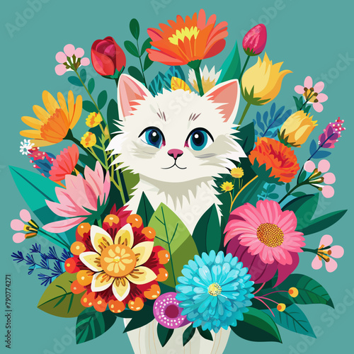 a large bouquet of bright flowers, from which the cute muzzle of a white fluffy kitten looks out