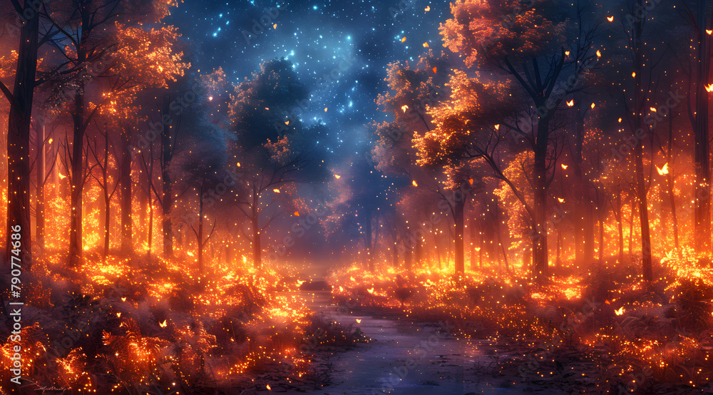 Stardust Symphony: Luminescent Butterflies Lead Through Sparkling Watercolor Forest