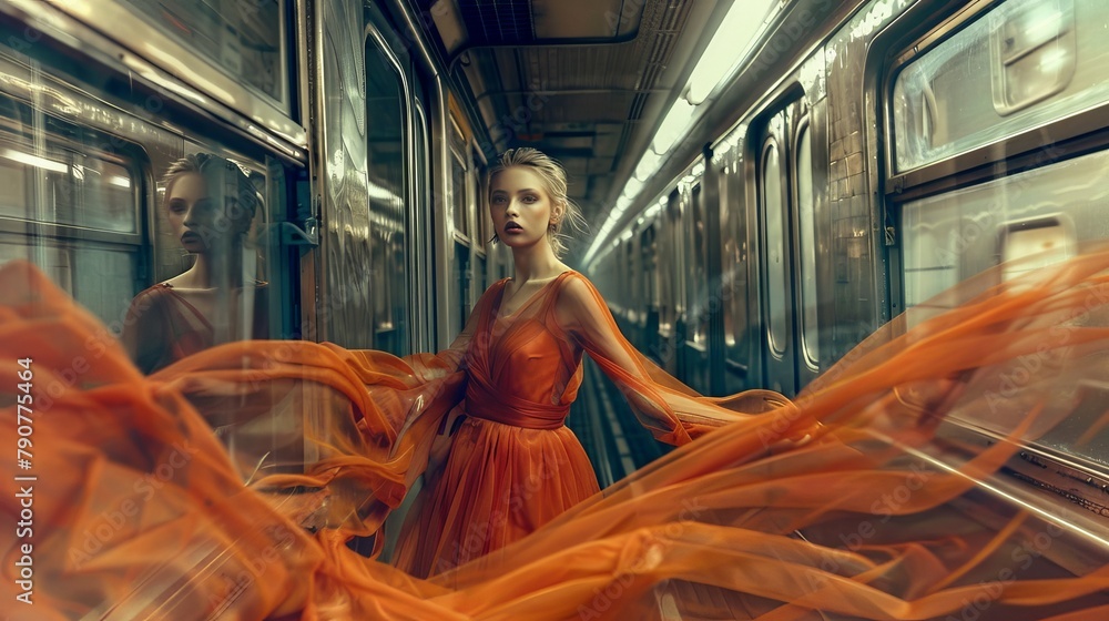 Mysterious decadent female model figures on night train in unruly swirling fashion
