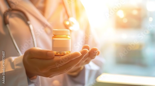 A doctor holds a bottle of pills in his hand. The bottle is labeled with a white label