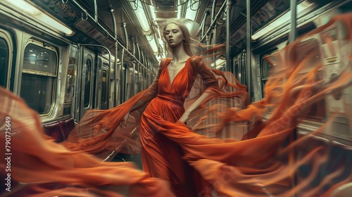 Beautiful female model figures in unruly and mysterious decadent fashion on night train photo