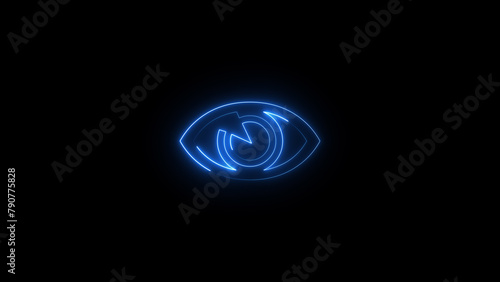 Blue neon light Eye icon. Vibrant colored visibility technology symbol, isolated on a black background 4k illustration.