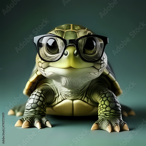 Cute little green turtle with glasses in front of studio background