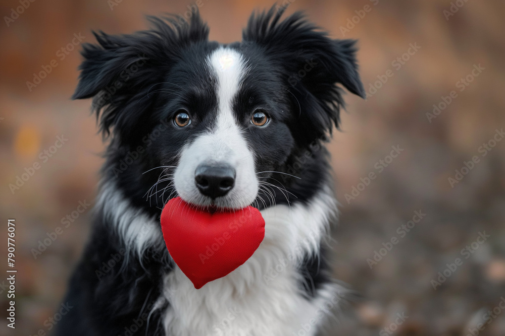 Funny portrait cute puppy dog border collie holding red heart in mouth