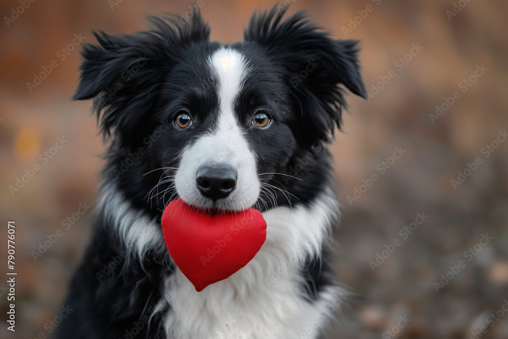 Funny portrait cute puppy dog border collie holding red heart in mouth Funny portrait cute puppy dog border collie holding red heart in mouth