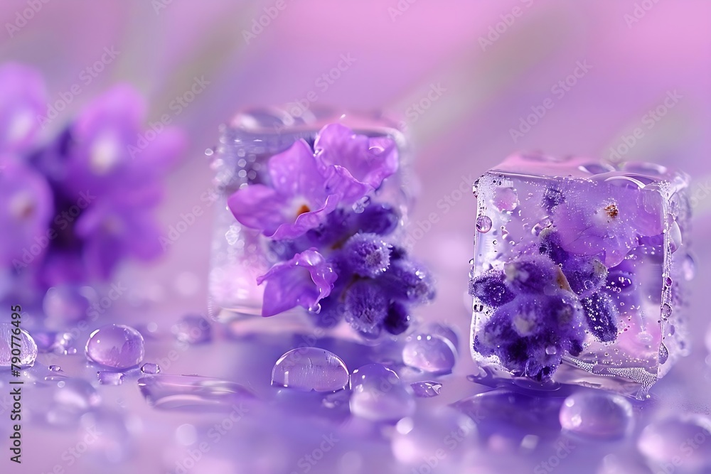 Two purple flowers floating in a pool of water, with ice cubes surrounding them Two purple flowers floating in a pool of water, with ice cubes surrounding them