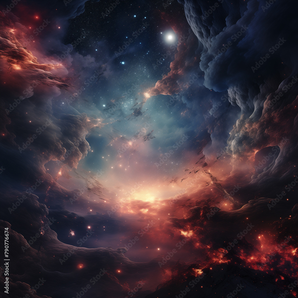Space of stars, nebula background with galaxies, cosmic mysteries in science fiction universe