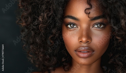 Beautiful African American woman with long curly hair on black background