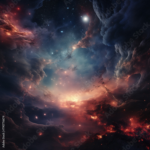 Space of stars, nebula background with galaxies, cosmic mysteries in science fiction universe