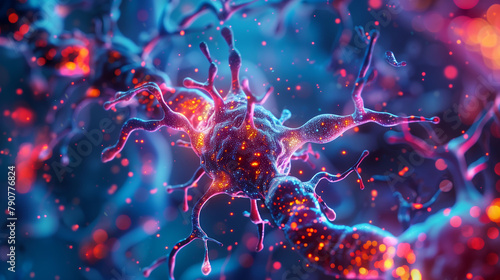 3d render of Neuron cell in the brain, neuronal network, psychology, science background, microbiology concepts photo