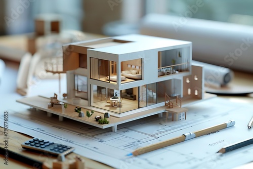 A model of a house is on a table with a pencil and a calculator