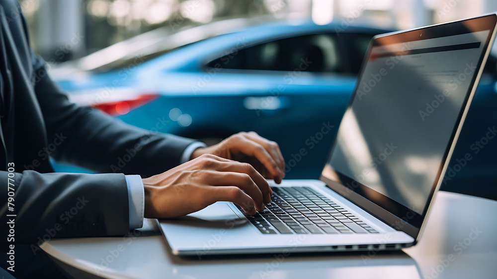 Businessman typing on laptop with car in background. car insurance. car sales, car service. Businessman typing on laptop with car in background. car insurance. car sales, car service.