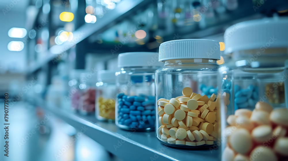 A medicine on blue shelf, Medicine, Science, Technology, Chemistry, Particle, Atom, Science background A medicine on blue shelf, Medicine, Science, Technology, Chemistry, Particle, Atom, Science background
