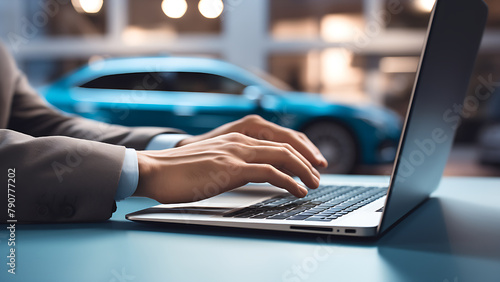 Businessman typing on laptop with car in background. car insurance. car sales, car service. photo