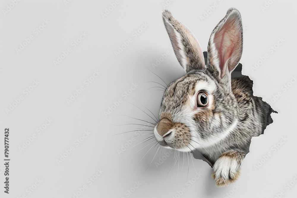 Obraz premium A rabbit is peeking out from a hole in a wall