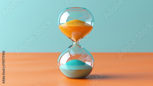 An hourglass with vibrant orange and teal sand against a soft pastel background, representing time and urgency. photo