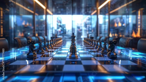 An advanced, high-tech chess game illuminated with blue neon lighting, symbolizing strategy and intelligence.