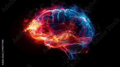 A brain with red and blue colors and a lot of sparks. The brain is surrounded by a lot of fire and smoke photo