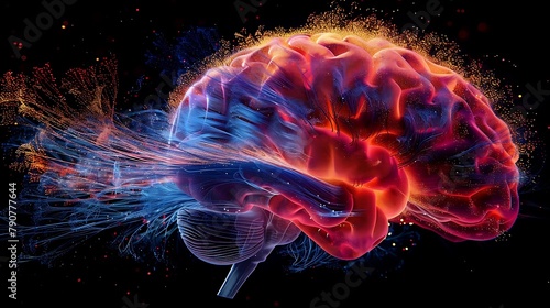 A brain with red and blue colors and a lot of sparks. The brain is surrounded by a lot of fire and smoke © antusher