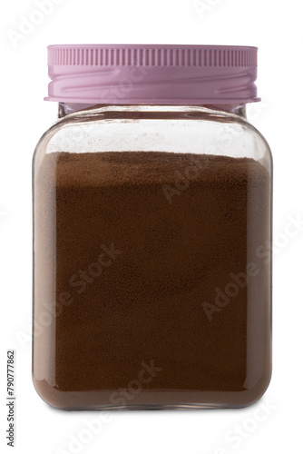Instant soluble barley coffee powder in clear jar with rose-colored cap isolated photo