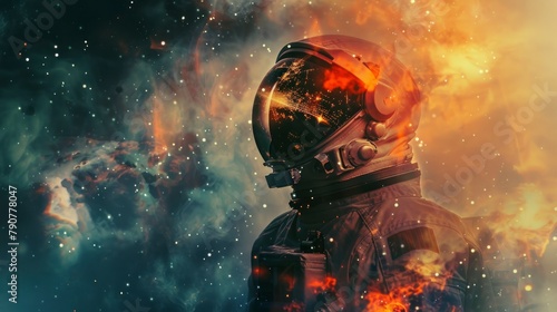 double exposure illustration of an astronaut space background