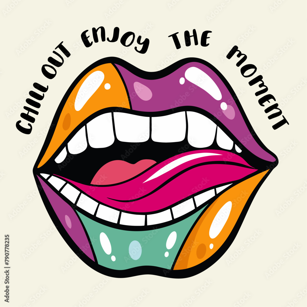 lips in  groove style poster, card, with teeth and lips, enjoy the moment, retro, vector illustration