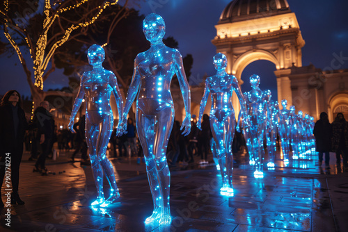 Glowing Blue Figures on Nighttime City Walk by Illuminated Tree photo