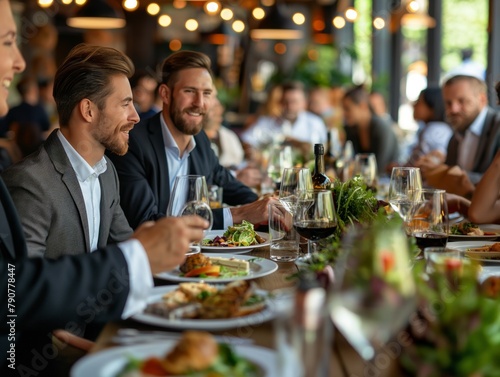 A group of people are sitting at a long table with wine glasses and plates of food. Scene is one of celebration and enjoyment  as the group of people are gathered together to share a meal