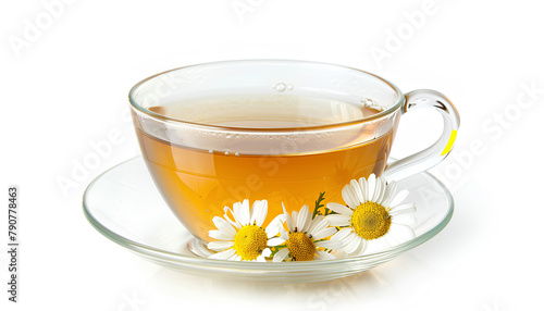Cup of hot chamomile tea isolated on white background