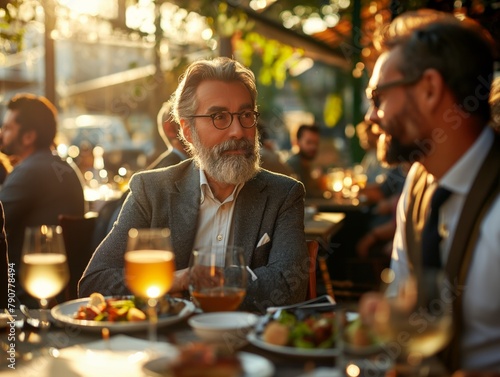 Two men are sitting at a table in a restaurant, one of them is wearing glasses. They are talking and enjoying their meal