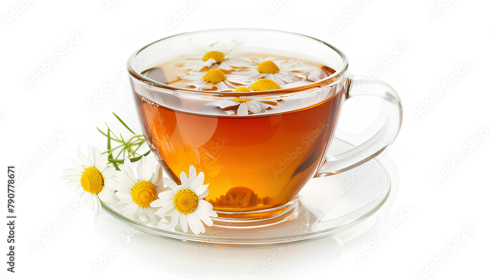 Cup of hot chamomile tea isolated on white background Cup of hot chamomile tea isolated on white background