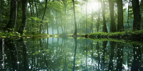 A forest with a lake in the middle