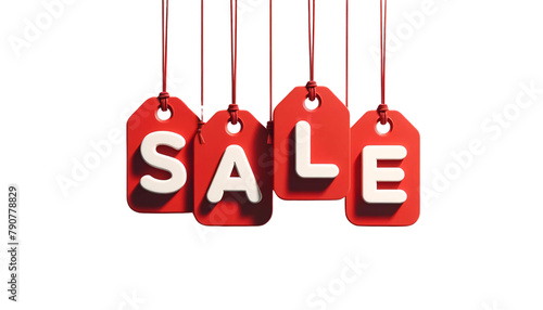 A transparent background, featuring four hanging red tags arranged in a line with 'SALE' word