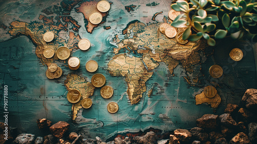 A map of the world is covered in gold coins