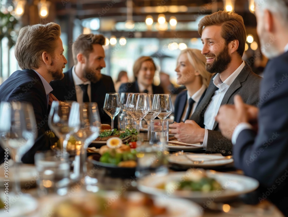 A group of people are sitting at a table with wine glasses and plates of food. They are smiling and enjoying each other's company