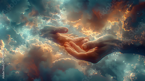 Hands of god or Jesus Christ in the clouds. Human hands open palm up worship. Eucharist Therapy Bless God Helping Repent Catholic Easter Lent Mind Pray. Christian Religion concept background.