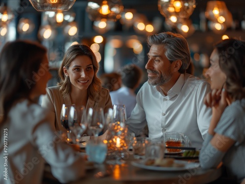 A group of people are sitting at a table in a restaurant, enjoying a meal together. The atmosphere is warm and friendly, with everyone smiling and laughing. The table is set with wine glasses, cups