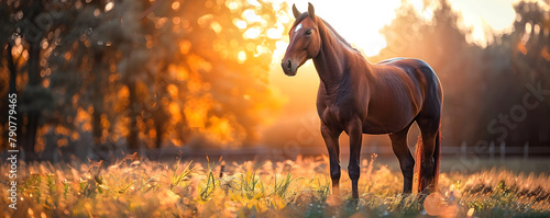 Beautiful brown horse standing in high grass in sunset light. Red horse with long mane in flower field, arabian horse grazing on pasture