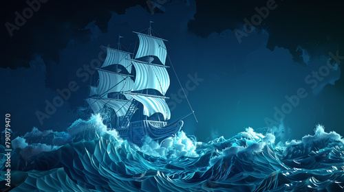 Pirate ship battling stormy seas in 3D vector photo