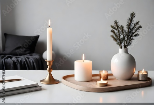 Clean Aesthetic Scandinavian style table with decorations  