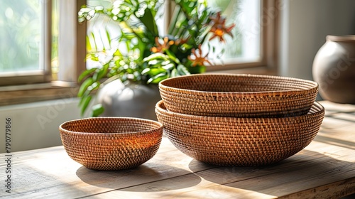 Examining closely, nested rattan bowls exhibit a harmonious blend of texture and form, inviti