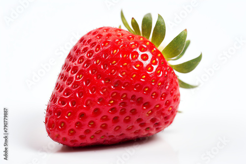 Closeup of a juicy strawberry with tiny seeds and bright red color  photographed on a white background  suitable for dessert menus and recipe books