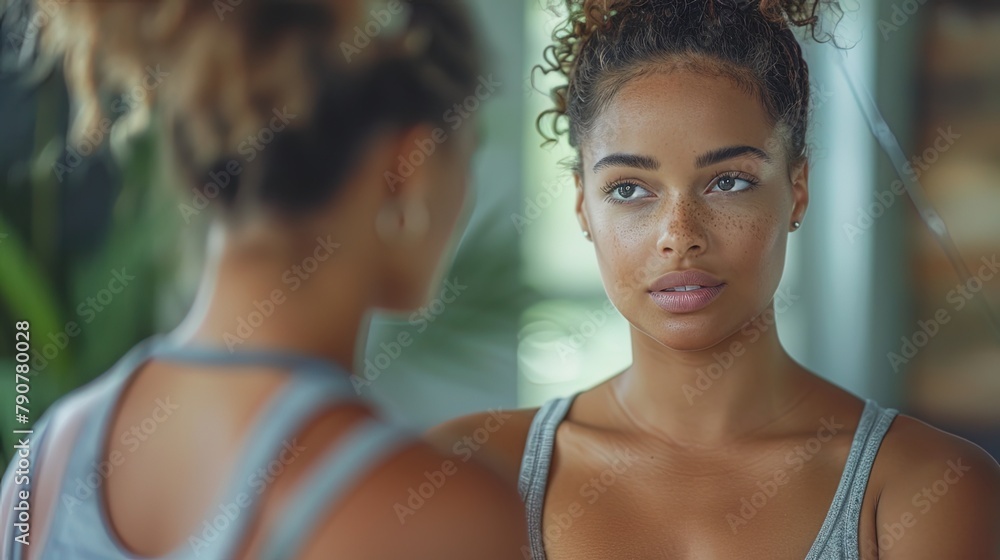 A full-figured woman stands before the mirror, her expression shifting from uncertainty to pride