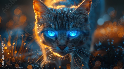 A sleek cyber-cat prowls through the digital landscape, its electric blue eyes scanning for v © Jūlija