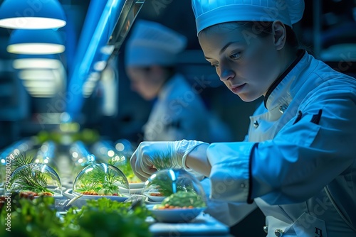 A chef is working in a kitchen with a variety of plants in glass containers